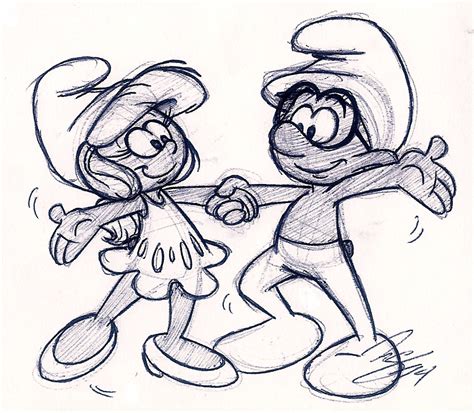 Image Smurfette And Brainy Dancing Pen Sketch Smurfs Fanon Wiki