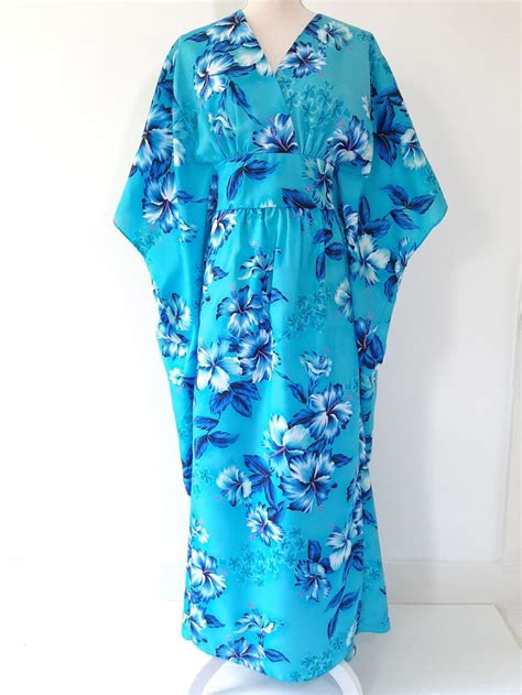 vintage 70s mint hawaiian caftan muumuu jade fashions blue turquoise hibiscus print hawaii dress