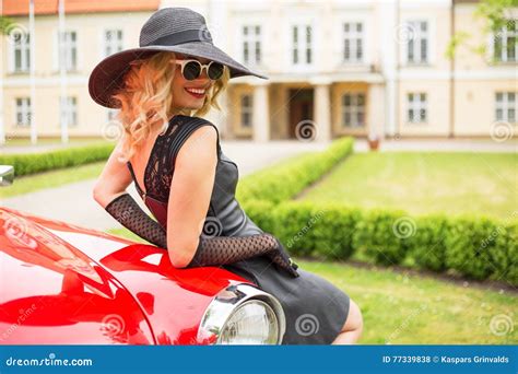 Glamorous Woman Leaning Against Retro Car Stock Photo Image Of