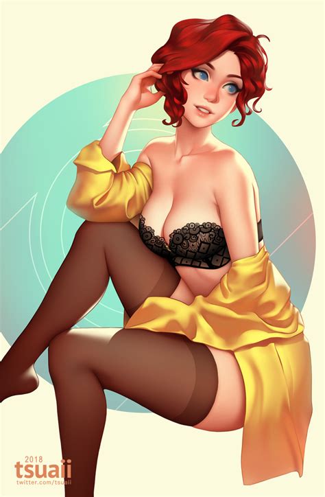 Rule 34 Black Bra Black Panties Blue Eyes Lipstick Red Transistor Red Hair Stockings Thigh