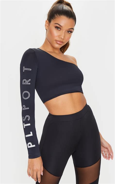prettylittlething black long sleeve cropped gym top prettylittlething
