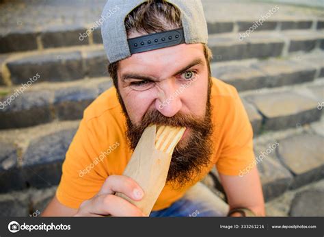 Urban Lifestyle Nutrition Junk Food Carefree Hipster Eat Junk Food While Sit Stairs Guy