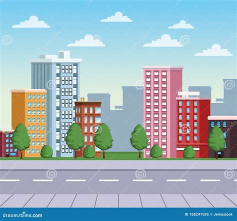 Buildings Cityscape With Road Urban Scene Stock Vector Illustration