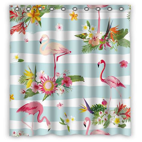 Flamingo Bird And Tropical Flowers Shower Curtain And Hooks For Home