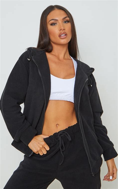 Black Oversized Fleece Zip Through Jacket Prettylittlething Aus