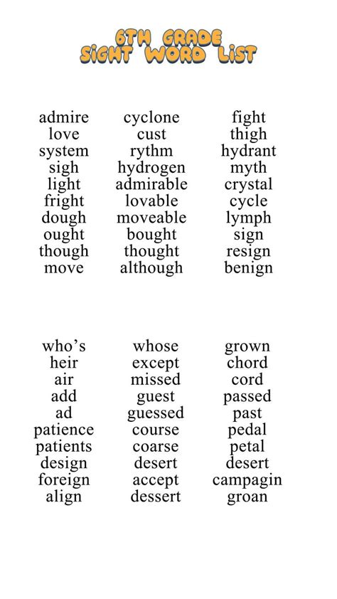 6th Grade Sight Word List 6th Grade Spelling Words Spelling Words