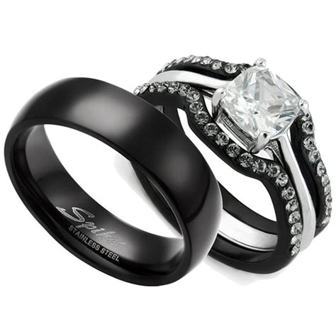 His And Hers 4pc Black Stainless Steel Wedding Engagement Ring And