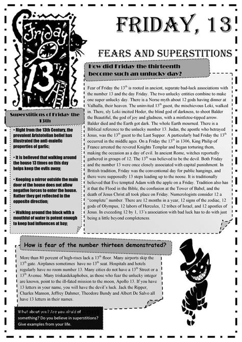 Friday 13th Fears And Superstitions Friday The 13th Worksheets For