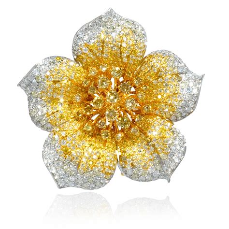 332ct Diamond 18k Two Tone Gold Flower Brooch Pin