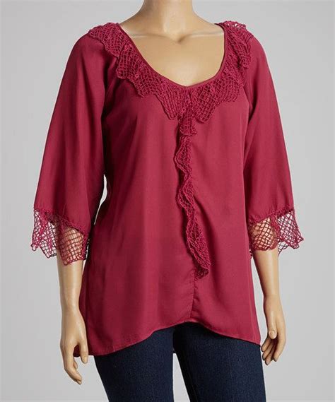 This Raspberry Ruffle Lace Three Quarter Sleeve Top Plus By Simply