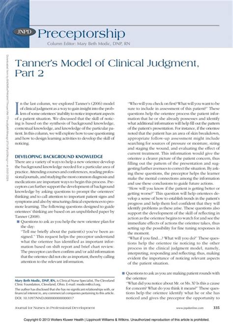 Tanners Model Of Clinical Judgment Part 2 Journal For Nurses In