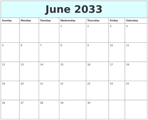 June 2033 Free Calendar