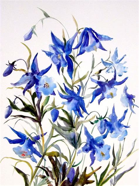 Columbines Original Watercolor Painting Blue Flowers Asian Style