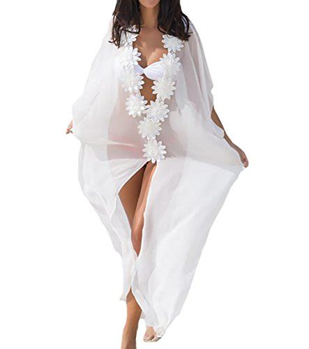 Bestyou Womens Sheer Chiffon Floral Lace V Neck Swimsuit Cover Up Tunic Beachwear White B