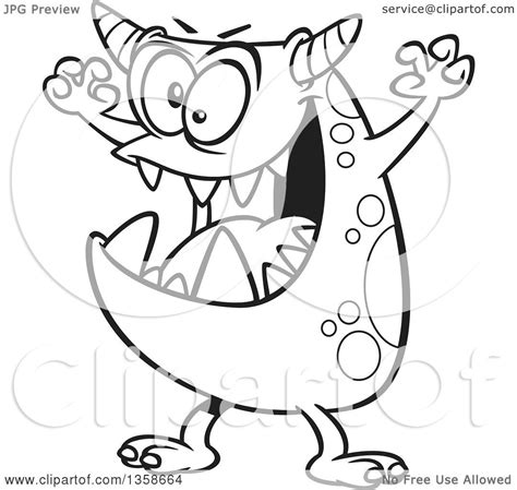 Lineart Clipart Of A Cartoon Black And White Scary Spotted Monster