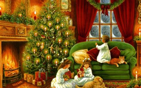 Holiday Christmas Holiday Painting Fireplace Child Christmas Tree