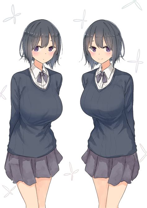 Anime Anime Girls Original Characters Twins Short Hair Gray Hair School