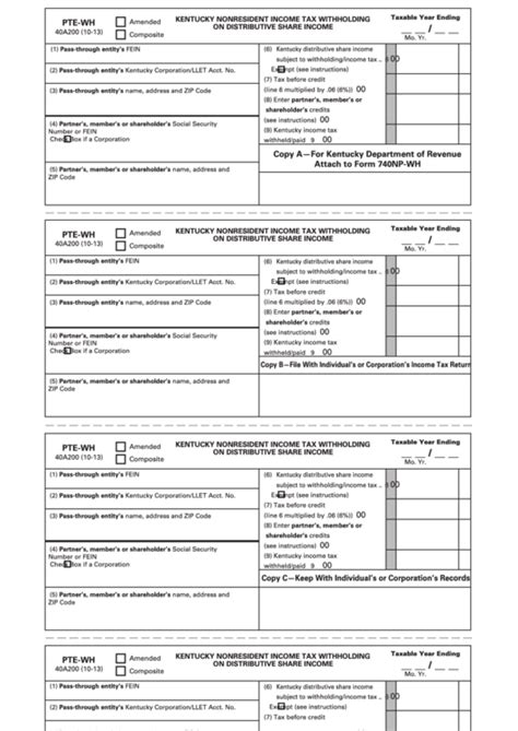 Form Pte Wh State Form 40a200 Kentucky Nonresident Income Tax