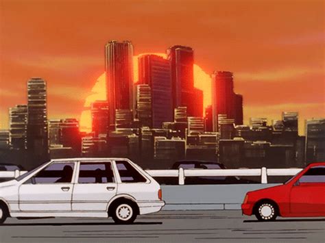 Car driving into the sunset. Pin by Jerzy's GIFoteque on SEXT | Anime city, Anime ...