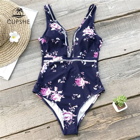Cupshe Navy And Purple Floral Print One Piece Swimsuit Women V Neck