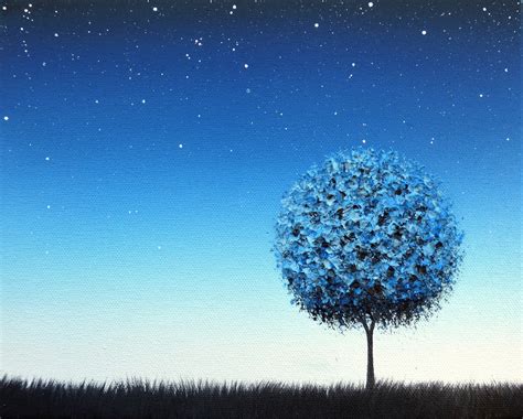 Blue Tree At Night Oil Painting Original Painting Blue Night Sky