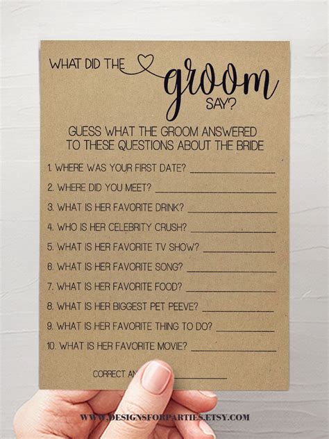 What Did The Groom Say Game Bridal Shower Activity Game White Etsy