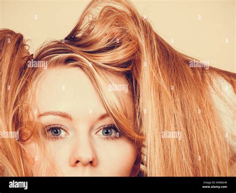 Haircare Hairstyling Bleaching Concept Blonde Woman Holding Her Long