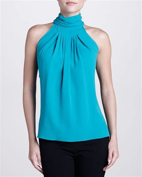 Michael Kors Georgette Pleated Turtleneck Blouse Turquoise In Blue