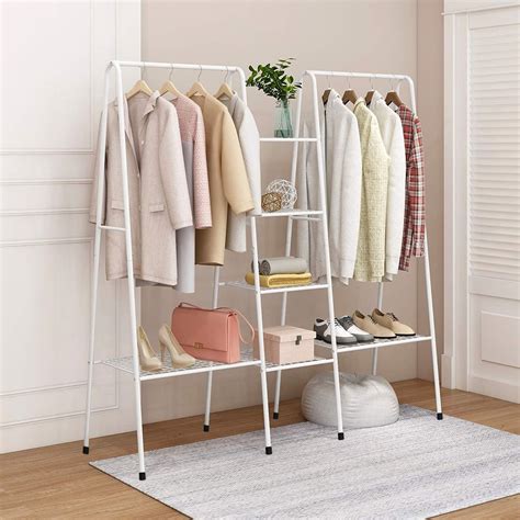 Double Pole Clothes Rack Floor Coat Rack Bedroom Clothing Storage Rack