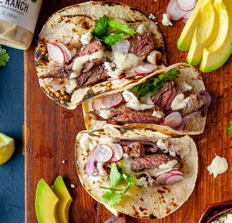 Grilled Steak And Onion Tacos With Cilantro Lime Ranch Tessemaes