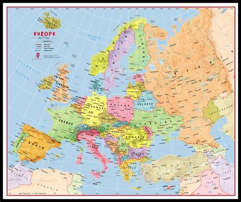 Large Primary Europe Wall Map Political Pinboard And Framed Black