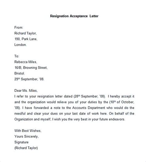Acceptance Of Resignation Letter Example Sample