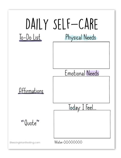 Some of the worksheets for this concept are self care assessment work notice your inner, self care assessment work, self care assessment, self care work, how to reduce stress and beat burnout handout 1 self, self care inventory, my maintenance self care work, caregiver self care activity book. Printable: Daily Self-Care Worksheet - Blessing Manifesting