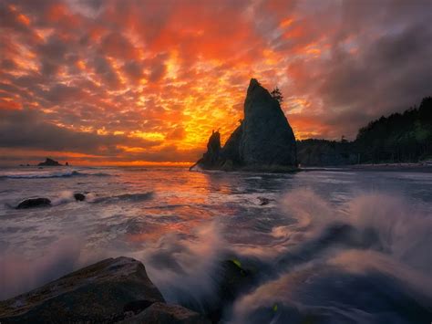 A Fiery Sunset Rages At Rugged Rialto Beach Washington Usa