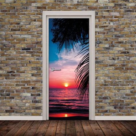 Self Adhesive Door Wrap Sticker Tropical Sunset Peel And Stick 3d