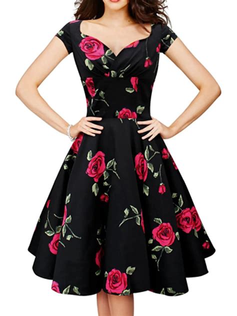 V Neck High Waist Elegant Red Rose Flower Floral Print Dress Retro Plus