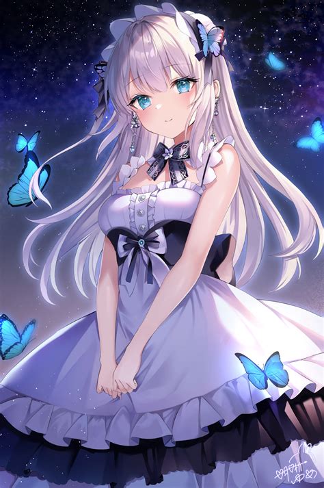 Wallpaper Anime Girls Dress Butterfly Vertical Smiling Bow Tie
