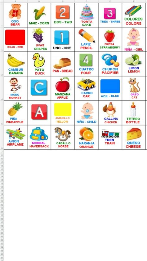 Lotería Didáctica Bilingüe Español E Inglés Para Imprimir Bs 001