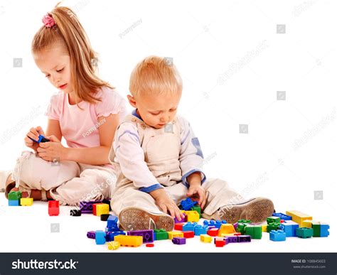 Happy Children Playing Building Blocks Isolated Stock Photo 108845603