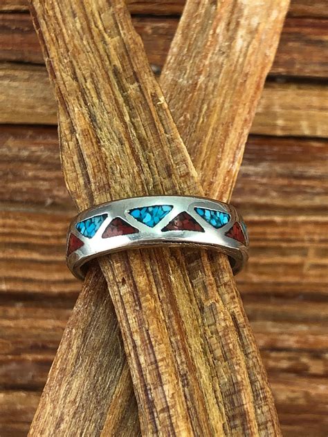 Navajo Turquoise Red Coral Ring Silver Inlaid Vintage Etsy Coral
