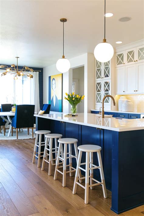 Shop wayfair for all the best blue kitchen & dining tables. Blue and White Kitchen with Kitchen Island, Stools and ...