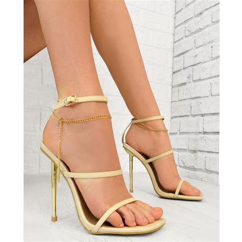 Womens Gold Chain Strappy High Heels Stiletto Sandals Party Sexy