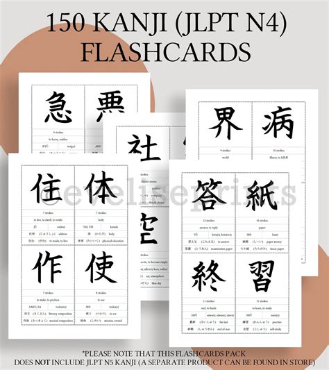 japanese 150 kanji beginner and intermediate jlpt n4 flashcards printable etsy