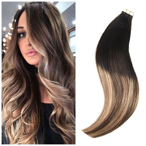 Remy Tape In Real Human Hair Balayage Ombre Off Black Fading To Brown
