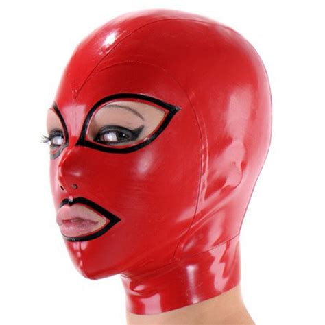 Unisex Latex Rubber Mask Red And Black Trims Rubber Fetish Hood With