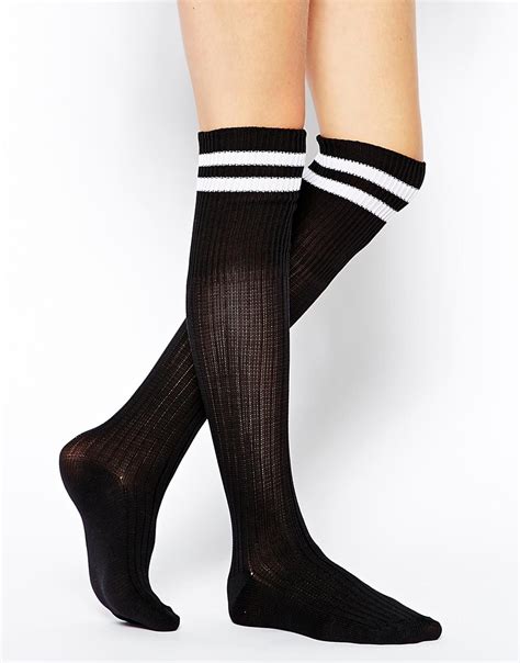Asos 2 Stripe Knee High Socks In Black Lyst