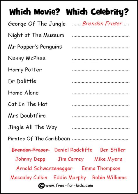 101 fun and interesting questions to perk up boring gatherings. Movie Celebrity Quiz Sheets - www.free-for-kids.com