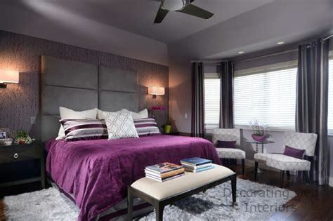 This master bedroom is meant for resting and relaxing, achievable thanks to the calming soft blue that fills the space. Purple and gray contemporary master bedroom - Contemporary ...