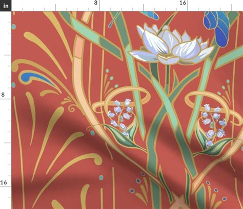 Art Nouveau Dragonflies Deep Coral Fabric Spoonflower