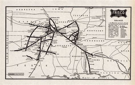 1940 Antique Frisco Lines Railway System Map